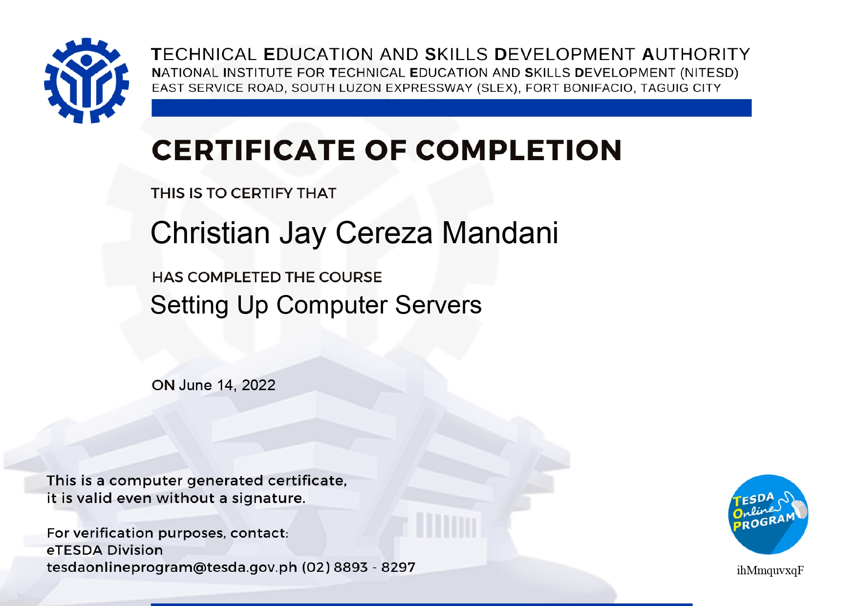Setting Up Computer Servers Certificate of Completion